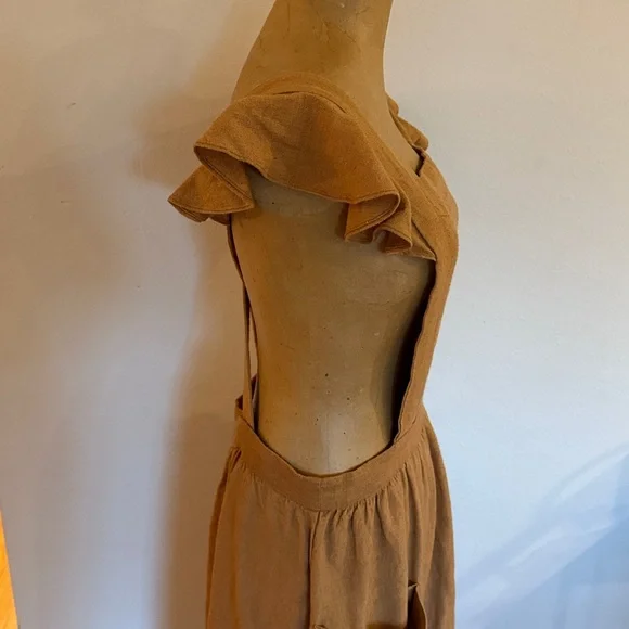 Doen Pennisula Dress Pinafore Elegant Tan/Pumpkin color with Pockets ruffles VGC - Picture 5 of 14
